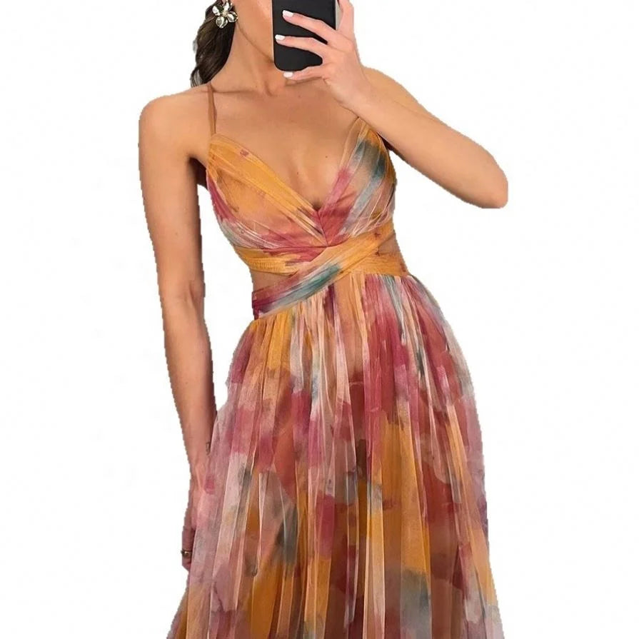 European and American Spring and Summer New Mesh Printing Slip Dress Ins Holiday Leisure Party Island Vacation Skirt