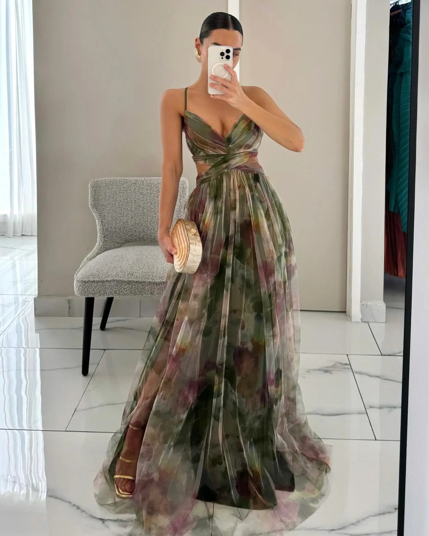European and American Spring and Summer New Mesh Printing Slip Dress Ins Holiday Leisure Party Island Vacation Skirt
