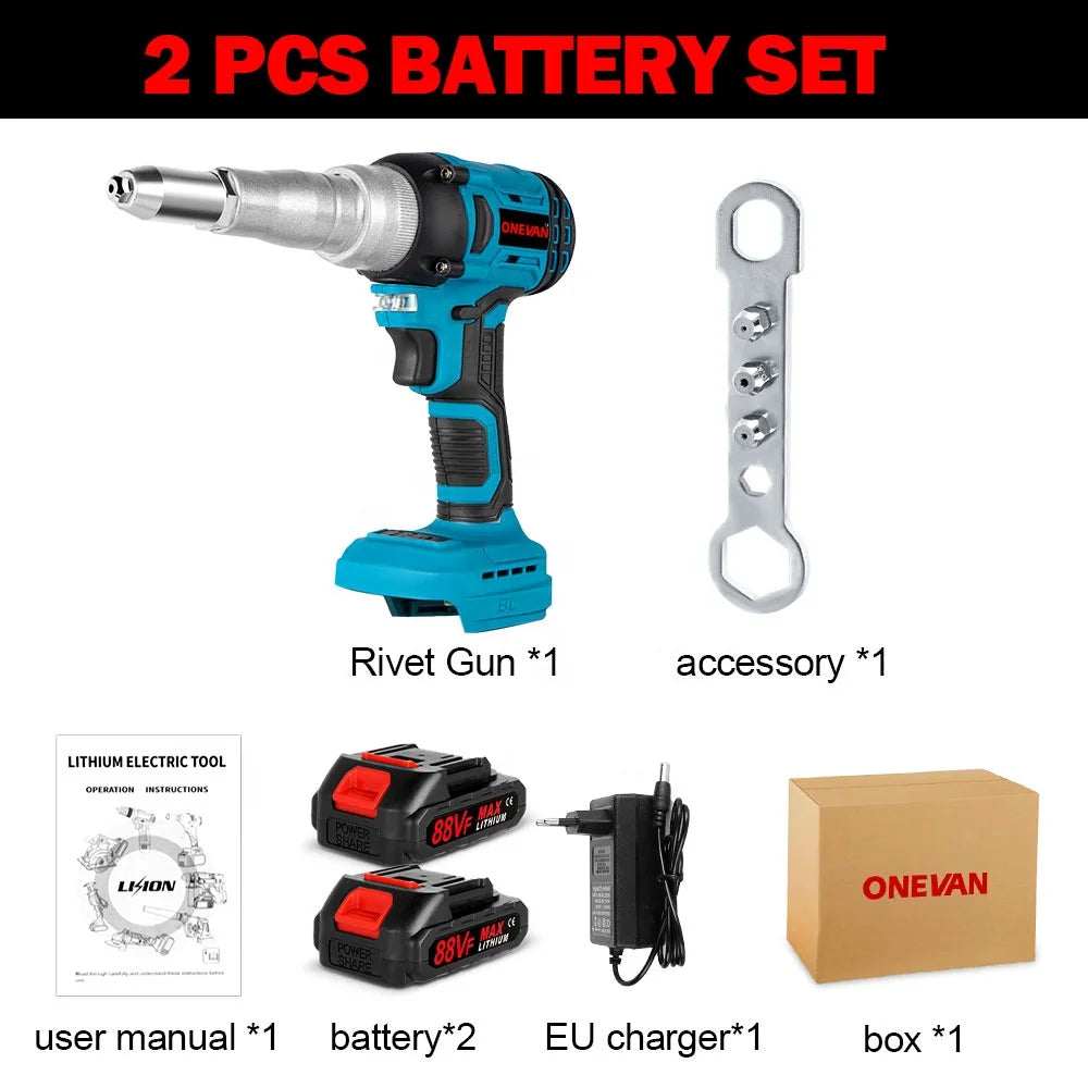 20000N Brushless Electric Rivet Gun 2.4-5.0mm Cordless Rivet Nut Gun Drill Insert Automatic Riveting Tool DIY Onevan 18V Battery