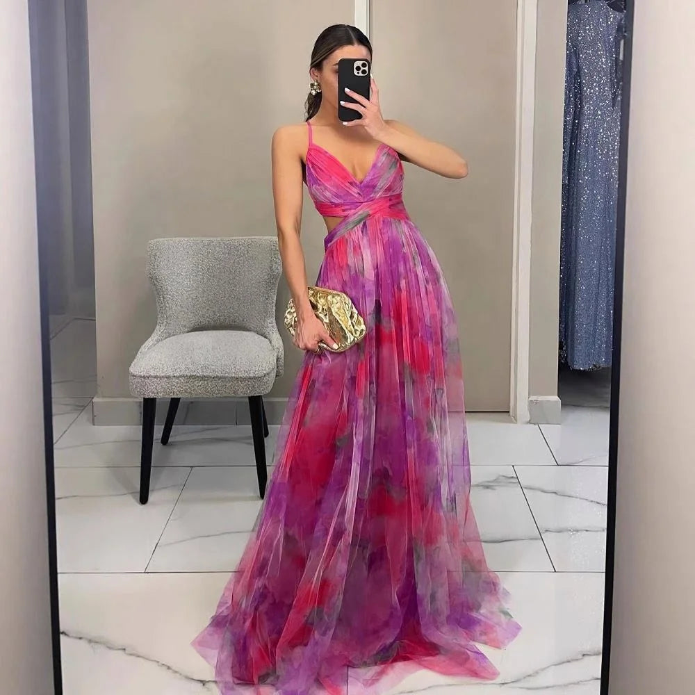 European and American Spring and Summer New Mesh Printing Slip Dress Ins Holiday Leisure Party Island Vacation Skirt