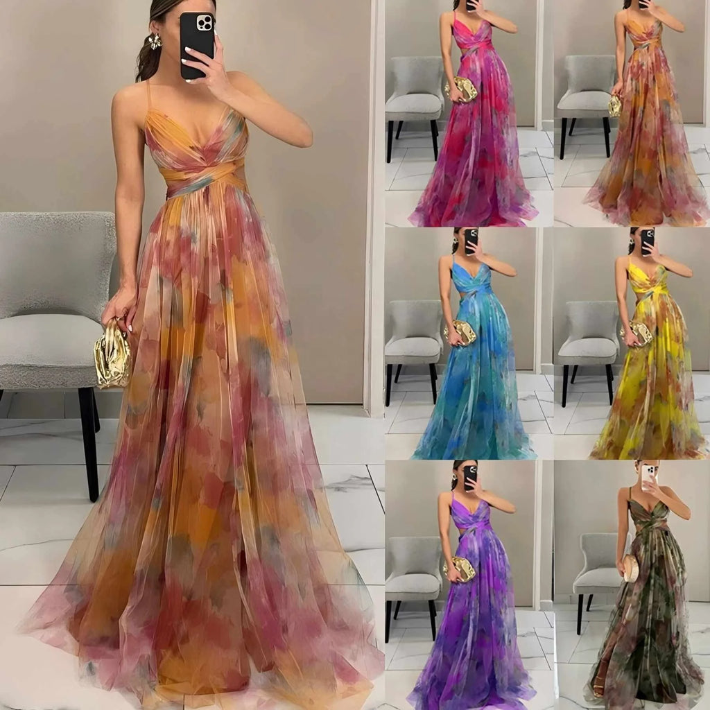 European and American Spring and Summer New Mesh Printing Slip Dress Ins Holiday Leisure Party Island Vacation Skirt