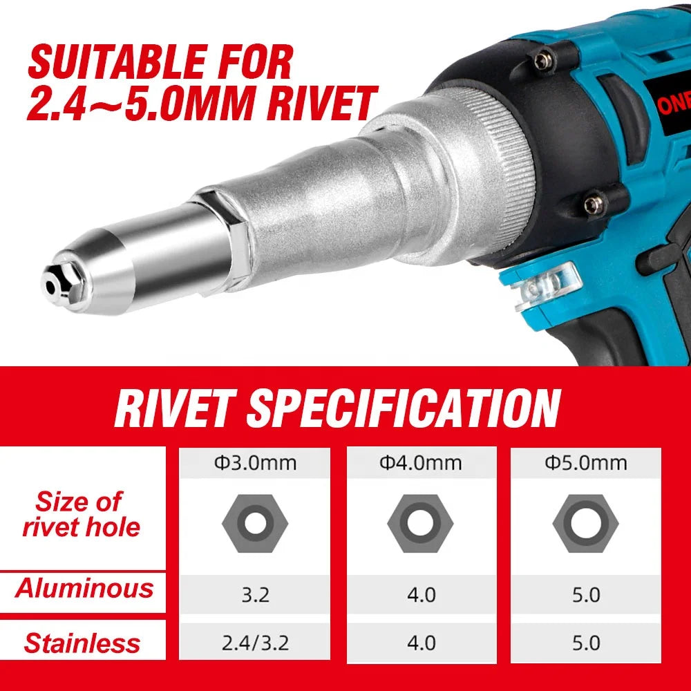 20000N Brushless Electric Rivet Gun 2.4-5.0mm Cordless Rivet Nut Gun Drill Insert Automatic Riveting Tool DIY Onevan 18V Battery
