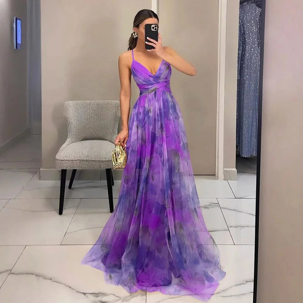 European and American Spring and Summer New Mesh Printing Slip Dress Ins Holiday Leisure Party Island Vacation Skirt