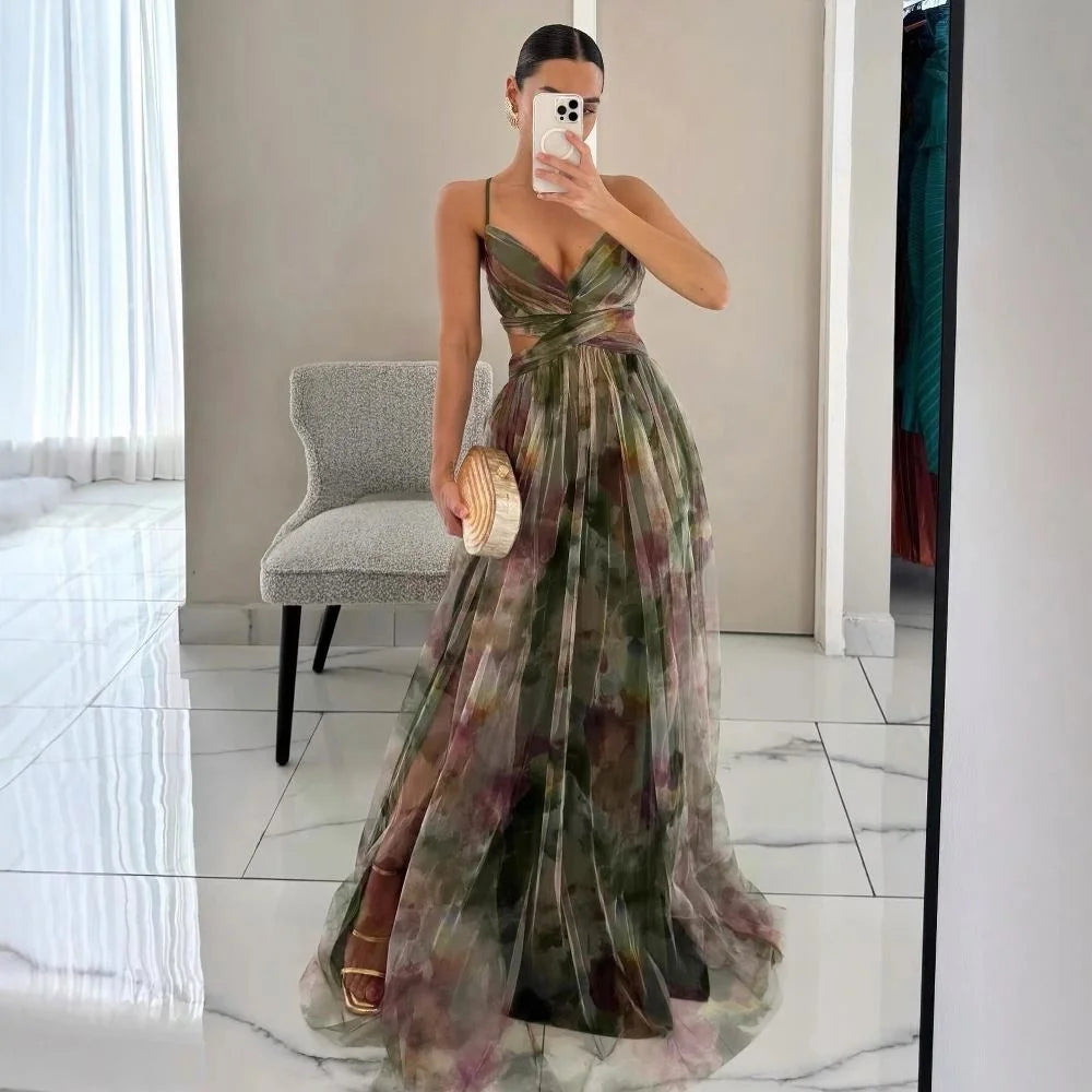 European and American Spring and Summer New Mesh Printing Slip Dress Ins Holiday Leisure Party Island Vacation Skirt