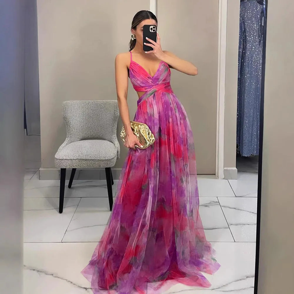 Wholesale Mesh Print V Neck Spaghetti Strap Floor Length Zipper Maxi Dress Banquet Date Party Vacation Casual Outfit
