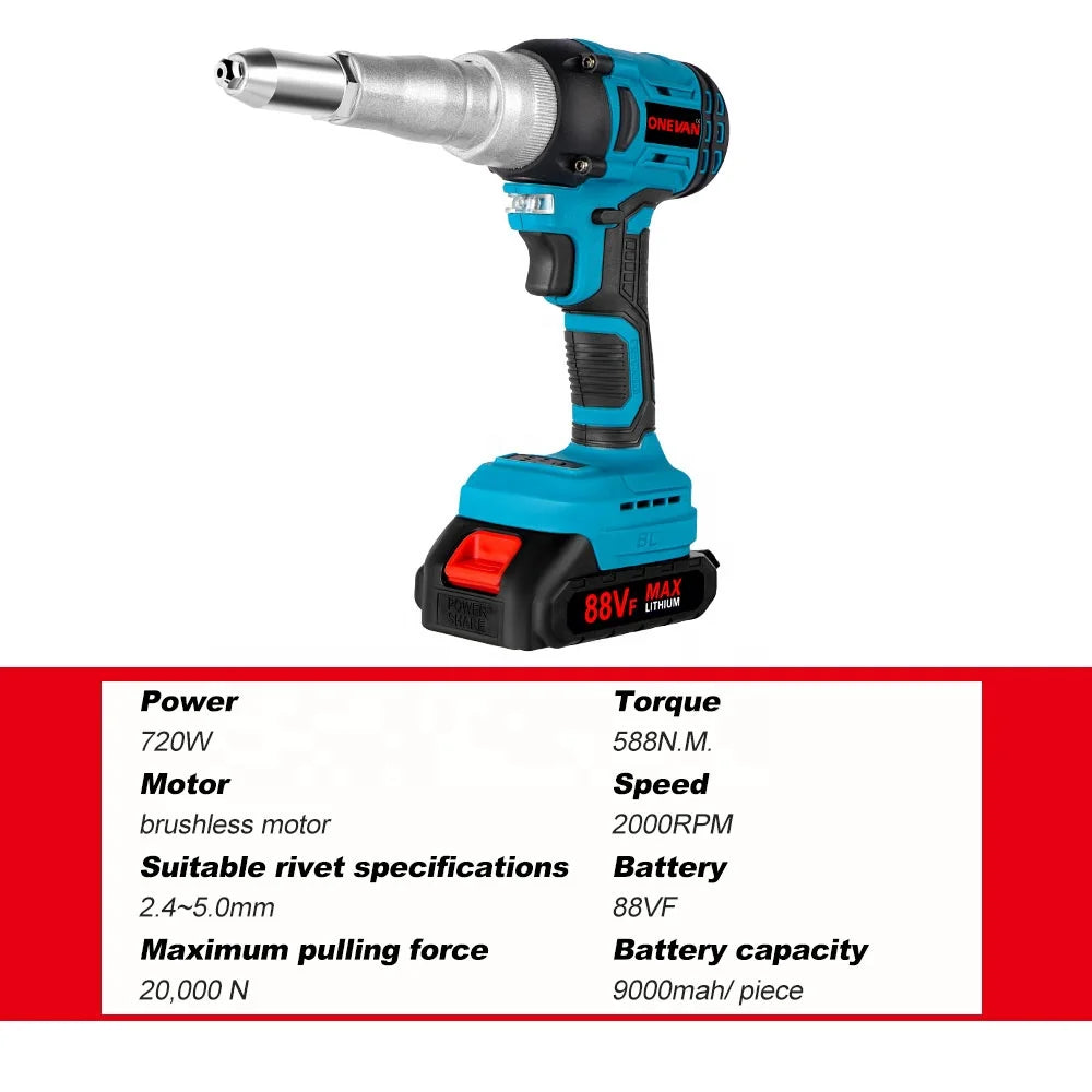 20000N Brushless Electric Rivet Gun 2.4-5.0mm Cordless Rivet Nut Gun Drill Insert Automatic Riveting Tool DIY Onevan 18V Battery