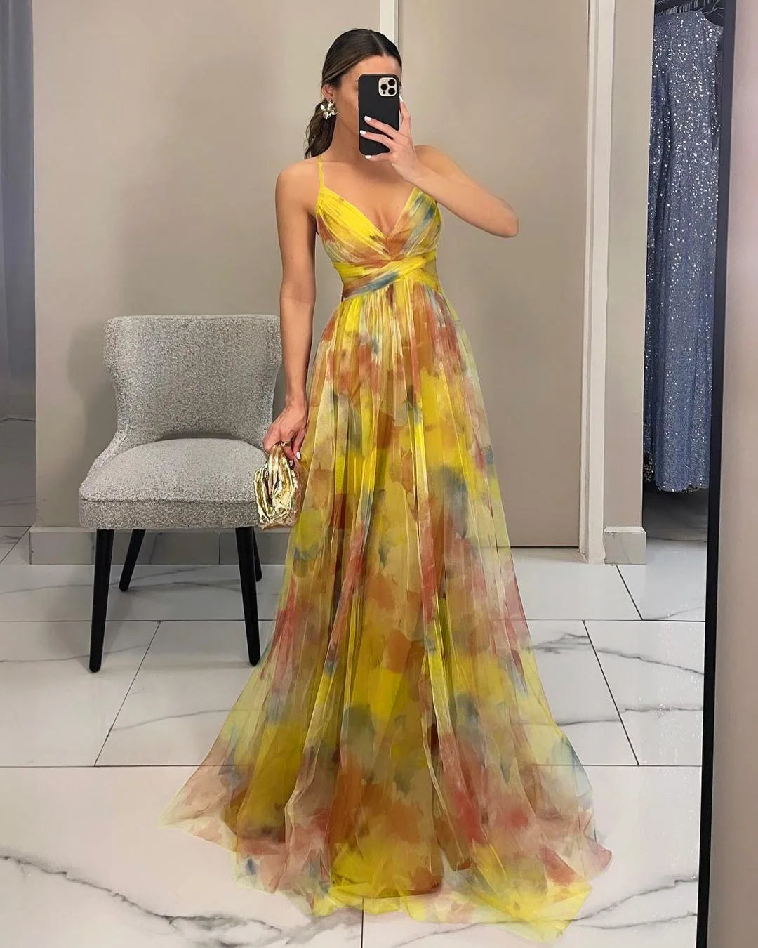 European and American Spring and Summer New Mesh Printing Slip Dress Ins Holiday Leisure Party Island Vacation Skirt