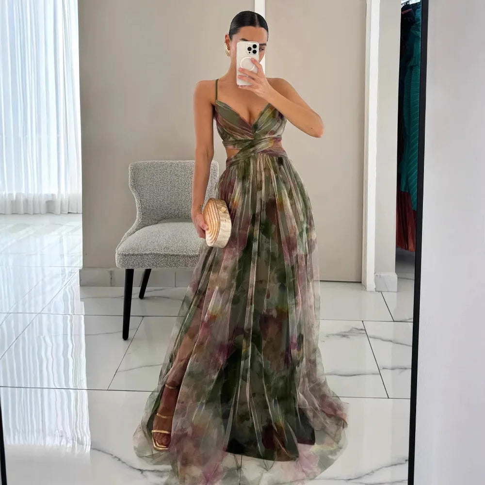 Wholesale Mesh Print V Neck Spaghetti Strap Floor Length Zipper Maxi Dress Banquet Date Party Vacation Casual Outfit