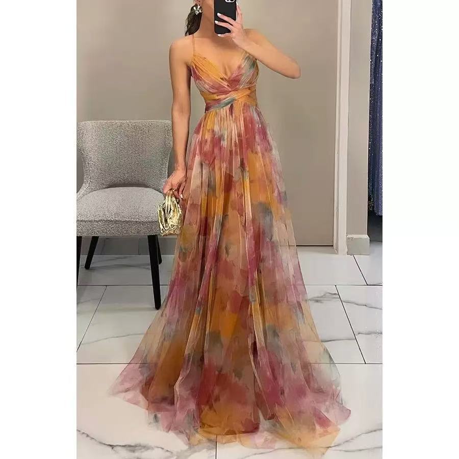 2026 New Spring Summer Collection New Mesh Printed Casual Party Suspender Dress for Club Holidays