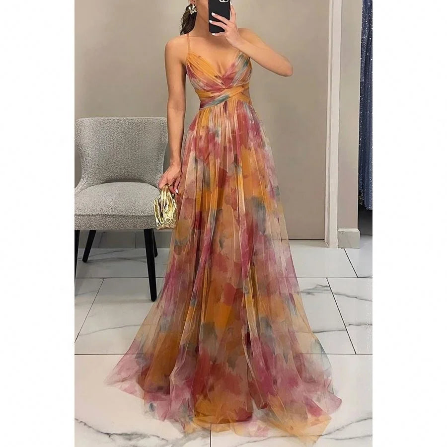 European and American Spring and Summer New Mesh Printing Slip Dress Ins Holiday Leisure Party Island Vacation Skirt