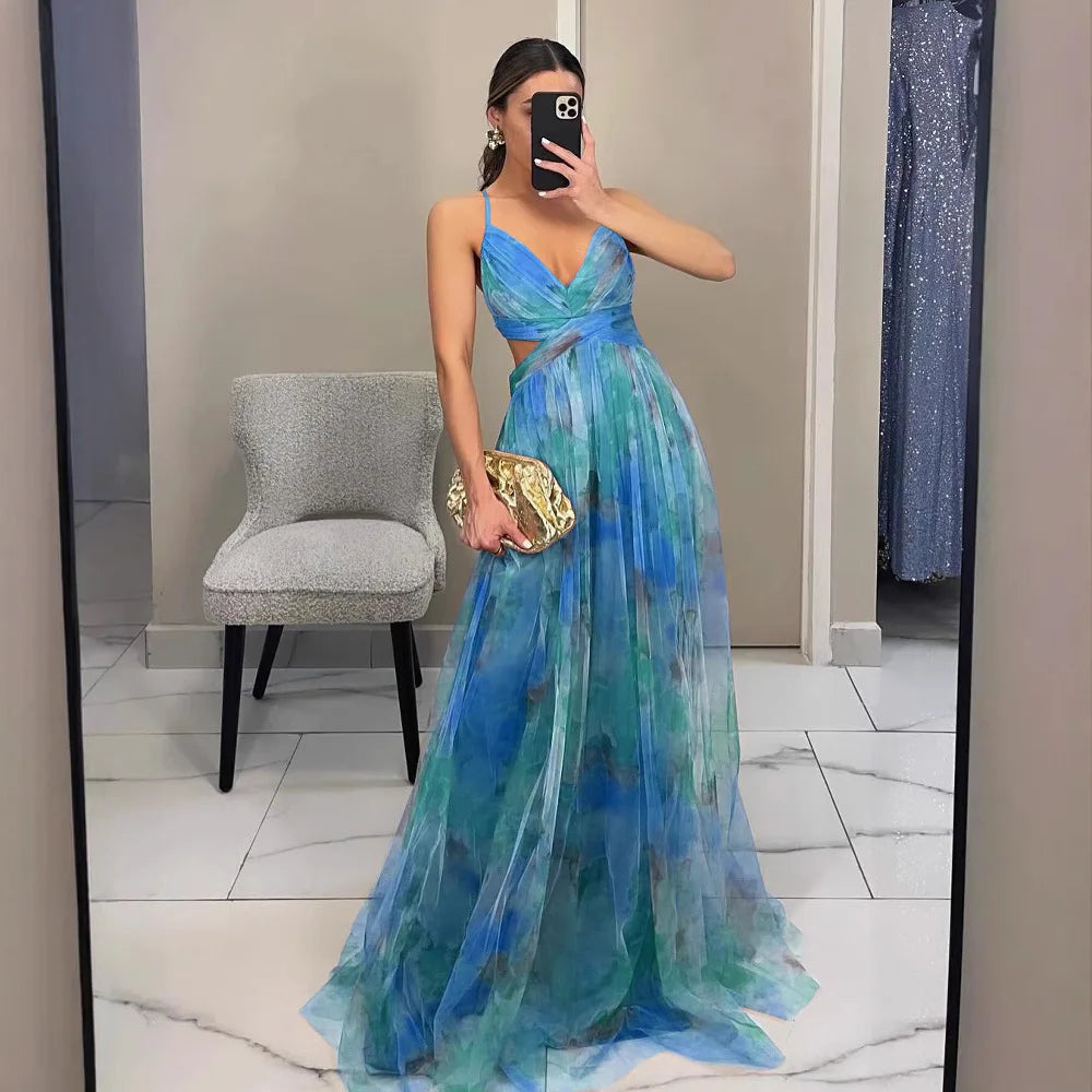 Wholesale Mesh Print V Neck Spaghetti Strap Floor Length Zipper Maxi Dress Banquet Date Party Vacation Casual Outfit