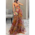 Wholesale Mesh Print V Neck Spaghetti Strap Floor Length Zipper Maxi Dress Banquet Date Party Vacation Casual Outfit