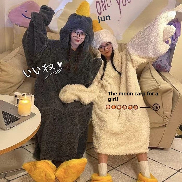 New Big Goose Coral Velvet Pajamas for Men and Women in Winter Funny Couple Cute Cartoon Elizabeth Duck Home Clothes